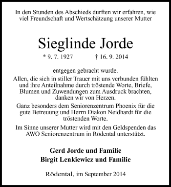 Traueranzeige von Sieglinde Jorde von Neue Presse Coburg