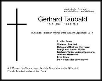 Traueranzeige von Gerhard Taubald von Frankenpost