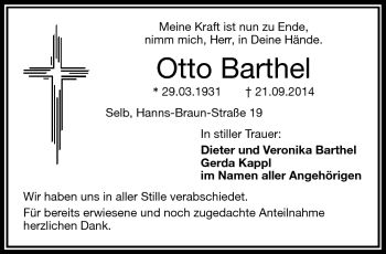 Traueranzeige von Otto Barthel von Frankenpost