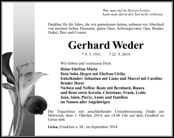 Traueranzeige von Gerhard Weder von Südthüringer Presse