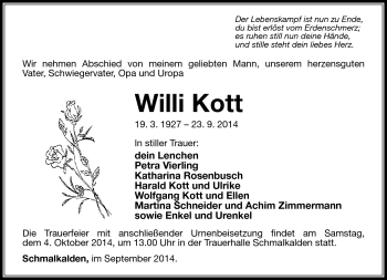 Traueranzeige von Willi Kott von Südthüringer Presse