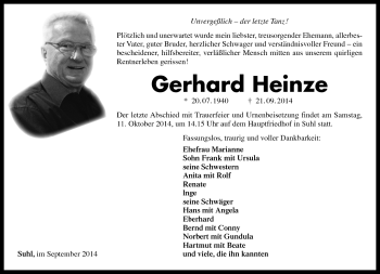 Traueranzeige von Gerhard Heinze von Südthüringer Presse