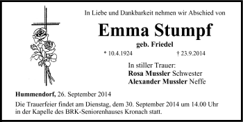 Traueranzeige von Emma Stumpf von Neue Presse Coburg