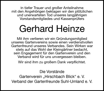 Traueranzeige von Gerhard Heinze von Südthüringer Presse