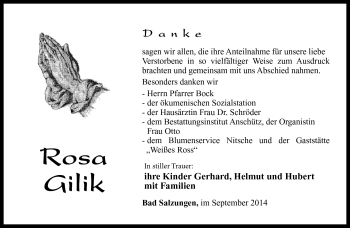 Traueranzeige von Rosa Gilik von Südthüringer Presse