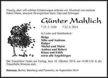 Traueranzeige von Günter Mahlich von Südthüringer Presse