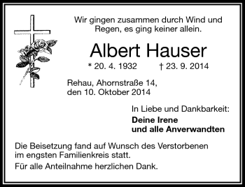 Traueranzeige von Albert Hauser von Frankenpost