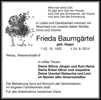 Traueranzeige von Frieda Baumgärtel von Frankenpost