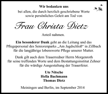 Traueranzeige von Christa Dietz von Südthüringer Presse