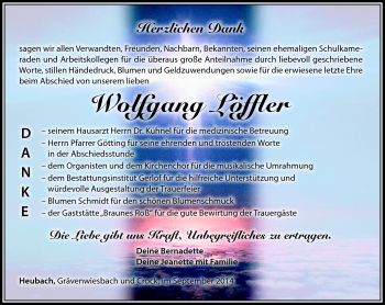 Traueranzeige von Wolfgang Löffler von Südthüringer Presse