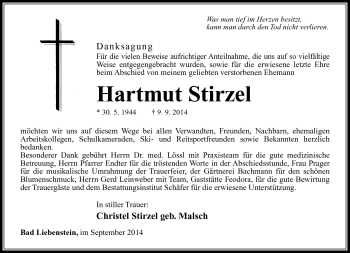 Traueranzeige von Hartmut Stirzl von Südthüringer Presse