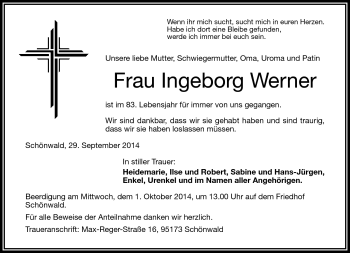 Traueranzeige von Ingeborg Werner von Frankenpost