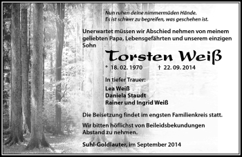 Traueranzeige von Torsten Weiß von Südthüringer Presse