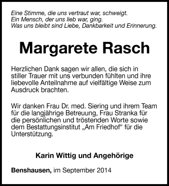 Traueranzeige von Margarete Rasch von Südthüringer Presse
