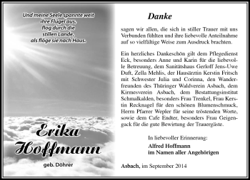 Traueranzeige von Erika Hoffmann von Südthüringer Presse