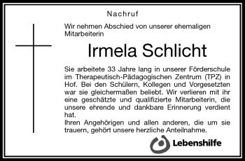 Traueranzeige von Irmela Schlicht von Frankenpost