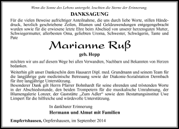 Traueranzeige von Marianne Ruß von Südthüringer Presse