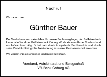 Traueranzeige von Günther Bauer von Neue Presse Coburg