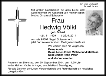 Traueranzeige von Hedwig Völkl von Frankenpost
