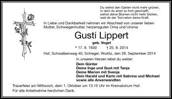 Traueranzeige von Gusti Lippert von Frankenpost