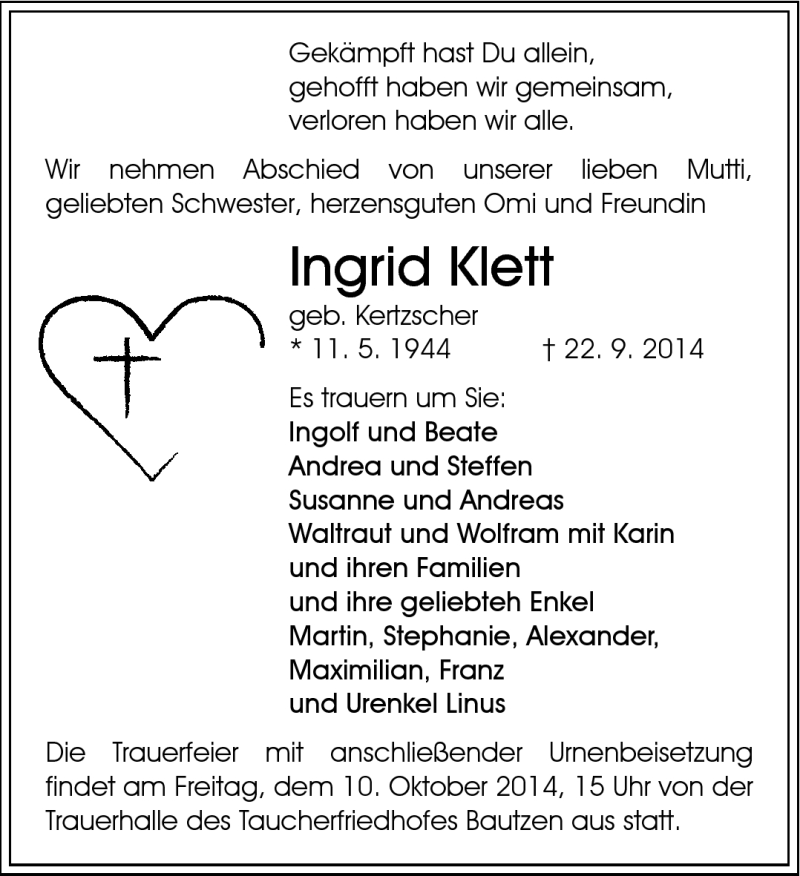  Traueranzeige für Ingrid Klett vom 27.09.2014 aus Südthüringer Presse