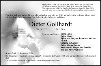 Traueranzeige von Dieter Gollhardt von Neue Presse Coburg