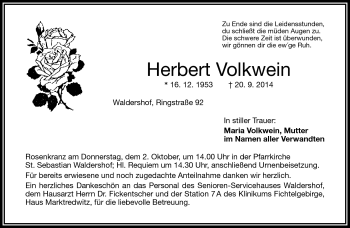 Traueranzeige von Herbert Volkwein von Frankenpost