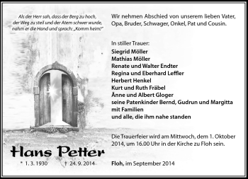 Traueranzeige von Hans Petter von Südthüringer Presse