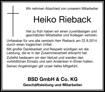 Traueranzeige von Heiko Rieback von Frankenpost