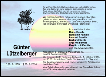Traueranzeige von Günter Lützelberger von Neue Presse Coburg