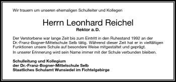 Traueranzeige von Leonhard Reichel von Frankenpost
