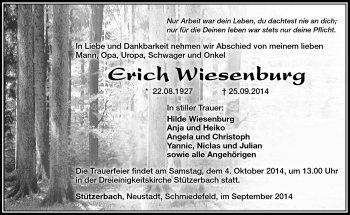 Traueranzeige von Erich Wiesenburg von Südthüringer Presse