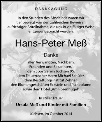 Traueranzeige von Hans-Peter Meß von Südthüringer Presse