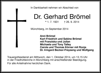 Traueranzeige von Dr. Gerhard Brömel von Frankenpost