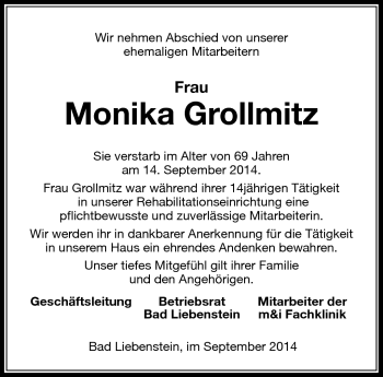 Traueranzeige von Monika Grollmitz von Südthüringer Presse