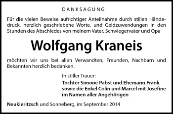Traueranzeige von Wolfgang Kraneis von Südthüringer Presse