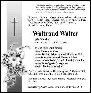 Traueranzeige von Waltraud Walter von Südthüringer Presse