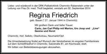 Traueranzeige von Regina Friedrich von Frankenpost