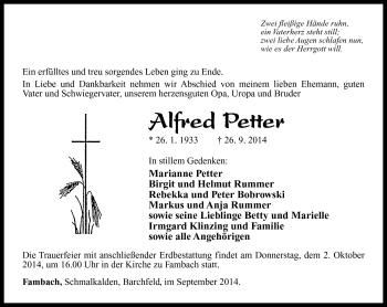 Traueranzeige von Alfred Petter von Südthüringer Presse