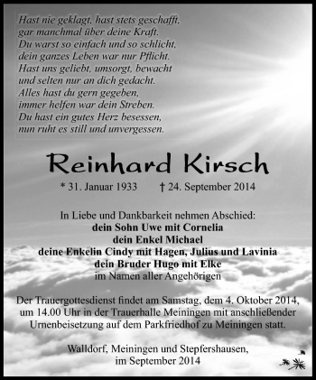 Traueranzeige von Reinhard Kirsch von Südthüringer Presse