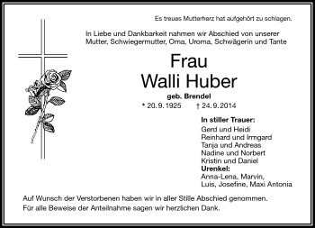 Traueranzeige von Walli Huber von Frankenpost
