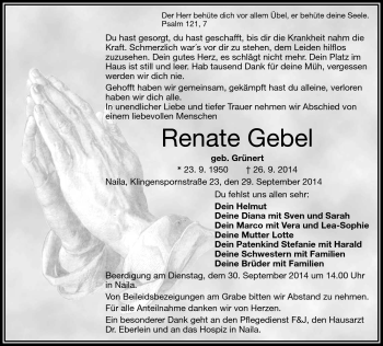 Traueranzeige von Renate Gebel von Frankenpost