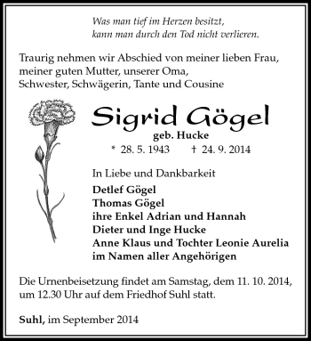 Traueranzeige von Sigrid Gögel von Südthüringer Presse