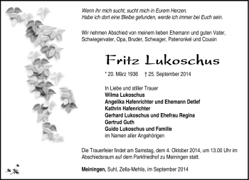 Traueranzeige von Fritz lukoschus von Südthüringer Presse