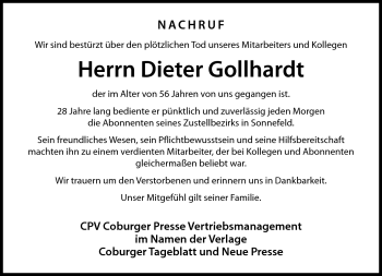 Traueranzeige von Dieter Gollhardt von Neue Presse Coburg