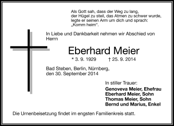 Traueranzeige von Eberhard Meier von Frankenpost