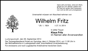 Traueranzeige von Wilhlem Fritz von Neue Presse Coburg