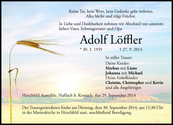 Traueranzeige von Adolf Löffler von Neue Presse Coburg