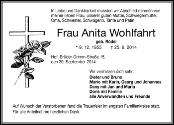 Traueranzeige von Anita Wohlfahrt von Frankenpost