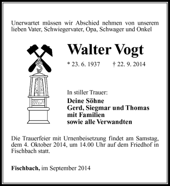 Traueranzeige von Walter Vogt von Südthüringer Presse